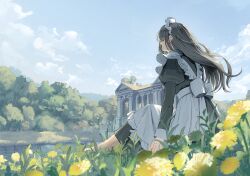  1girl apron barefoot black_dress black_hair blue_sky building closed_eyes clouds commentary_request dress field flower flower_field highres juliet_sleeves knees_up long_hair long_sleeves maid maid_apron maid_headdress nature open_mouth original outdoors puffy_sleeves shii_(kairi-t-k0317) sitting sky solo tree water white_apron white_headdress 