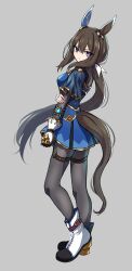  1girl absurdres admire_vega_(starry_nocturne)_(umamusume) admire_vega_(umamusume) animal_ears asymmetrical_footwear black_pantyhose blue_capelet blue_dress bodice breasts brown_hair capelet closed_mouth commentary dress ear_covers english_commentary gloves hair_between_eyes highres horse_ears horse_girl horse_tail long_hair long_sleeves looking_at_viewer low_ponytail medium_breasts necktie pantyhose ponytail simple_background single_ear_cover solo tail thigh_strap tofu_thunder umamusume umamusume:_road_to_the_top violet_eyes 