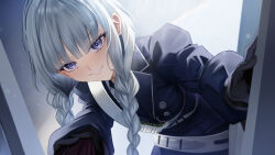  1girl absurdres backlighting belt black_eyes black_gloves black_jacket black_skirt blush braid breasts buttons collared_shirt colored_inner_hair dekhudwad double-breasted fate/grand_order fate_(series) francesca_prelati_(fate) gloves grey_hair grin highres jacket leaning_forward long_hair long_sleeves looking_at_viewer medium_breasts multicolored_hair parted_bangs ringed_eyes shirt skirt smile snowfield_police_uniform solo twin_braids white_hair white_shirt 