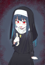  1girl alternate_eye_color black_hair blue_hair blush book commentary_request commission corruption cross cross_necklace dark_persona fang highres holding holding_book jewelry long_hair long_sleeves looking_at_viewer multicolored_hair necklace nun open_mouth original red_eyes sakana_tsuri simple_background skeb_commission solo sweat sweatdrop two-tone_hair v-shaped_eyebrows vampire veil 