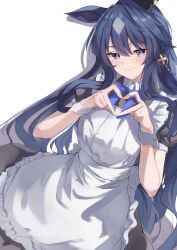  1girl absurdres animal_ears apron black_dress blue_bow blue_eyes blue_hair blush bow breasts closed_mouth commentary_request dress ear_covers four-finger_heart_hands hair_between_eyes heart heart_hands highres horse_ears horse_girl horse_tail long_hair looking_at_viewer maid maid_apron mole mole_under_eye multicolored_hair pandoa_(mikage0495) short_sleeves simple_background single_ear_cover smile solo tail umamusume verxina_(umamusume) white_apron white_background white_wrist_cuffs wrist_cuffs 