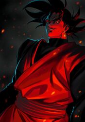  black_dougi black_hair broad_shoulders dragon_ball dragon_ball_super earrings embers goku_black grey_tunic highres jewelry looking_at_viewer male_focus nohuman5959 potara_earrings red_light single_earring smirk spiky_hair tunic 