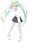  animal_ears cat_ears green_eyes green_hair hatsune_miku highres long_hair looking_at_viewer open_mouth sama simple_background smile solo twintails very_long_hair vocaloid 