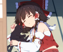  1girl animalization ascot black_cat blush bow brown_hair cat chest_sarashi closed_eyes commentary detached_sleeves frilled_bow frilled_hair_tubes frills hair_bow hair_tubes hakurei_reimu highres kaenbyou_rin kaenbyou_rin_(cat) long_hair lying multiple_tails necono_(nekonosora1207) on_side red_bow red_skirt ribbon-trimmed_sleeves ribbon_trim sarashi shadow skirt skirt_set sleeping tail tatami touhou two_tails yellow_ascot 