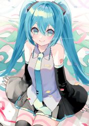  1girl absurdres aqua_eyes aqua_hair aqua_nails aqua_necktie aqua_trim arm_tattoo bare_shoulders black_skirt black_sleeves blush breasts closed_mouth collarbone collared_shirt commentary detached_sleeves elritta fingernails hair_between_eyes hair_ornament hatsune_miku headset highres long_hair looking_at_viewer miniskirt nail_polish necktie number_tattoo pink_ribbon pleated_skirt ribbon shirt sidelocks sitting skirt sleeveless sleeveless_shirt small_breasts solo tattoo twintails untranslatable_commentary very_long_hair vocaloid 