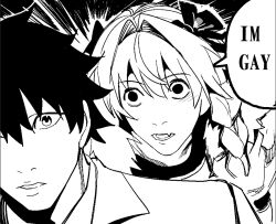 2boys astolfo_(fate) braid chinese_commentary commentary_request empty_eyes english_text fang fate/grand_order fate_(series) fujimaru_ritsuka_(male) hair_intakes male_focus monochrome multiple_boys skin_fang trap wtlong_han 