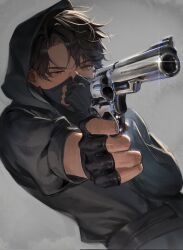  1boy adjusting_mask aiming black_gloves black_hood black_hoodie black_mask brown_eyes brown_hair character_name commentary_request fingerless_gloves gloves grey_background gun highres holding holding_gun holding_weapon hood hood_up hoodie kim_dokja korean_commentary male_focus mask monchya_33 mouth_mask omniscient_reader's_viewpoint parted_bangs revolver short_hair simple_background solo sparkle upper_body weapon 