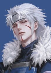  1boy armor blue_background blue_sweater breastplate commentary english_commentary facial_mark forehead_protector fur_shawl grey_eyes grey_hair highres hokage konohagakure_symbol looking_at_viewer male_focus naruto_(series) senju_tobirama shawl short_hair simple_background solo spiky_hair sweater upper_body velvelsz 