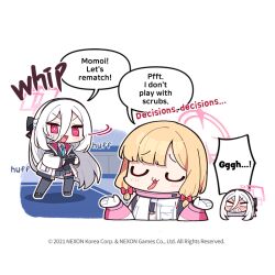  2girls :3 angry blonde_hair blue_archive bow bright_pupils chibi closed_eyes commentary donmin_h english_commentary grey_hair grey_skirt grey_thighhighs hair_between_eyes hair_bow halo hands_up kei_(blue_archive) long_hair momoi_(blue_archive) motion_lines multiple_girls official_art open_clothes open_mouth pink_bow pink_eyes pink_halo pleated_skirt skirt speech_bubble standing thigh-highs v-shaped_eyebrows very_long_hair white_pupils 
