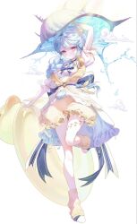  1girl arm_up blue_bow blue_hair bow braid dress frills full_body hair_ornament hat highres innertube leg_warmers limu838 long_hair looking_at_viewer original puffy_short_sleeves puffy_sleeves shell short_sleeves shorts simple_background skirt solo standing standing_on_one_leg swim_ring violet_eyes water white_background yellow_shorts yellow_skirt 