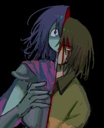  1other armor bisected black_background blue_hair brown_hair cape commentary deltarune english_commentary green_shirt hamaharatara highres kris_(dark_world)_(deltarune) kris_(deltarune) other_focus pink_cape red_eyes shirt short_hair utdr_(toby_fox) wide-eyed 
