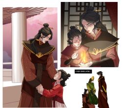  3girls absurdres avatar_legends black_hair commentary english_commentary fire grey_hair hair_ornament hair_stick hei-ran_(avatar) highres kneeling kyoshi_(avatar) marceline2174 mother_and_child mother_and_daughter multiple_girls parent_and_child pyrokinesis rangi_(avatar) smile the_rise_of_kyoshi topknot 