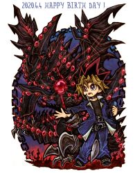  1boy belt black_belt black_shirt blue_jacket blue_pants bright_pupils commentary_request dated gandora-x_the_dragon_of_demolition happy_birthday jacket male_focus mokyu-mokyu muto_yugi open_mouth pants shirt spiky_hair violet_eyes white_pupils yu-gi-oh! yu-gi-oh!_the_dark_side_of_dimensions 