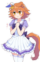  +_+ 1girl absurdres animal_ears blush clover_hair_ornament cowboy_shot daruma_doll ear_covers ears_down flipped_hair hair_ornament hands_on_own_chest highres horse_ears horse_girl horse_tail matikanefukukitaru_(umamusume) orange_hair orange_tail parted_lips petticoat pleated_skirt puffy_short_sleeves puffy_sleeves purple_shirt school_uniform shirt short_hair short_sleeves simoyuki simple_background single_ear_cover skirt solo summer_uniform tail thigh-highs tracen_school_uniform umamusume white_background white_skirt white_thighhighs 
