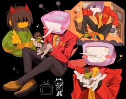  1boy 1other aged_down ant_tenna black_pants blush_stickers brown_hair chair colored_skin crayon deltarune eighth_note fake_horns galanel giant green_sweater hairband highres holding holding_crayon horn_hairband horns jacket kris_(deltarune) musical_note necktie object_head pants partially_shaded_face pointy_nose red_horns red_jacket short_hair sweater television utdr_(toby_fox) yellow_necktie yellow_skin 