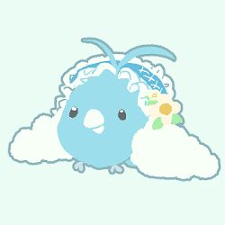  animal_focus beak bird black_eyes bright_pupils chibi closed_mouth commentary_request feathers flower fluffy frilled_hairband frills full_body hairband joo_gumoon korean_commentary looking_at_viewer lowres no_humans pokemon pokemon_(creature) pokemon_focus simple_background solo standing swablu white_feathers white_pupils yellow_flower 