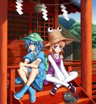  backpack bag bell blonde_hair blue_eyes blue_hair bluepony boots hair_bobbles hair_ornament hair_ribbon hat highres indian_style kaenbyou_rin kaenbyou_rin_(cat) kawashiro_nitori key moriya_suwako multiple_girls ribbon shide short_hair shrine sitting smile thigh-highs thighhighs touhou twintails white_legwear 