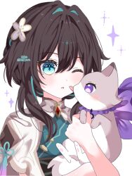  1girl aged_down animal aqua_eyes brown_hair cat chinese_clothes commentary_request flower hair_flower hair_ornament highres hitsuki_(ruon) holding holding_animal holding_cat honkai:_star_rail honkai_(series) licking licking_another's_face multicolored_hair official_alternate_costume parted_lips portrait ruan_mei_(honkai:_star_rail) short_hair_with_long_locks simple_background solo streaked_hair white_background 