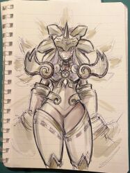  amaterasumon bodysuit breasts colored_skin cowboy_shot digimon digimon_(creature) horns mas_square photo_(medium) red_bodysuit red_eyes red_skin simple_background single_horn traditional_media 