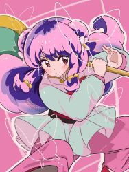  1girl absurdres bell bug butterfly chinese_clothes chui_(weapon) commentary_request flower hair_bell hair_flower hair_ornament highres holding holding_weapon long_hair nibo_ume_katsu pants pink_background pink_pants purple_hair ranma_1/2 red_eyes shampoo_(ranma_1/2) sidelocks weapon 