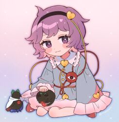  1girl :3 animalization bird black_bird black_cat black_hairband blue_shirt blush buttons cape cat chest_eye closed_mouth commentary_request disembodied_linked_eye eyeball frilled_shirt_collar frilled_sleeves frills hair_ornament hairband heart heart_button heart_hair_ornament kaenbyou_rin kaenbyou_rin_(cat) komeiji_satori looking_at_viewer mozukuzu_(manukedori) multiple_tails petting pink_skirt red_slippers reiuji_utsuho reiuji_utsuho_(bird) ribbon-trimmed_collar ribbon_trim shirt sitting skirt slippers smile tail touhou twitter_username two_tails watermark watermark_grid white_cape 