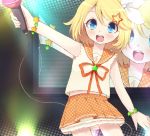  :d blonde_hair blue_eyes bracelet hair_ornament hair_ribbon jewelry kagamine_rin microphone open_mouth ribbon short_hair skirt smile tamiko. vocaloid young 