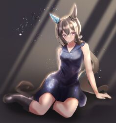  1girl admire_vega_(umamusume) animal_ears bare_shoulders black_boots blue_dress blush boots breasts brown_hair closed_mouth commentary_request dress ear_covers hair_between_eyes highres horse_ears horse_girl horse_tail jewelry long_hair low_ponytail ponytail ring single_ear_cover sitting sleeveless sleeveless_dress solo tail tofu_thunder umamusume violet_eyes wedding_ring yokozuwari 