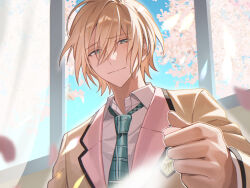  1boy blonde_hair blue_eyes closed_mouth collared_shirt commentary_request ensemble_stars! eyes_visible_through_hair green_necktie hair_between_eyes highres holding holding_petal lapels looking_at_viewer male_focus necktie notched_lapels petals pink_petals plaid_clothes plaid_necktie school_uniform shirt short_hair smile solo tenshouin_eichi upper_body urakiarumu window wing_collar 