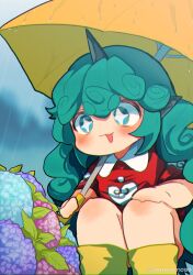 1girl blue_flower blush boots collared_shirt commentary curly_hair flower green_eyes green_hair highres holding holding_umbrella horns hydrangea kariyushi_shirt komainu_girl komano_aunn long_hair open_mouth outdoors pink_flower purple_flower rain red_shirt shirt short_sleeves single_horn smile solo squatting touhou twitter_username uchisaki_himari umbrella yellow_boots yellow_umbrella 