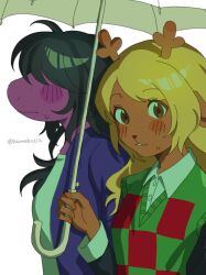  2girls antlers black_hair blonde_hair brown_eyes checkered_sweater_vest collared_shirt commentary_request deer_antlers deer_girl deltarune furry furry_female green_sweater_vest highres holding holding_umbrella horns jacket multiple_girls nameko212 noelle_holiday purple_jacket reptile_girl shirt signature susie_(deltarune) sweater_vest umbrella utdr_(toby_fox) white_shirt 