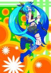  aqua_eyes aqua_hair belt boots electric_guitar guitar hatsune_miku instrument jewelry jumping long_hair looking_back necklace open_mouth solo striped striped_legwear thigh-highs thighhighs tomabo twintails very_long_hair vocaloid 