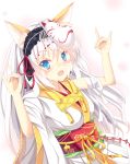  :d \m/ \n/ animal_ears blue_eyes double_\m/ fang fox_ears fox_mask hairband highres japanese_clothes long_hair looking_at_viewer mask nibiiro_shizuka open_mouth original silver_hair smile solo white_background 