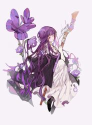  1girl closed_mouth commentary essielop fern_(sousou_no_frieren) flower highres holding holding_staff long_hair mage_staff purple_flower purple_hair simple_background solo sousou_no_frieren staff untranslatable_commentary violet_eyes 