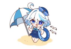  1girl :d ahoge beach_umbrella blue_dress blue_eyes blue_pupils blue_streaks blush chibi chibi_only commentary dress drop-shaped_pupils full_body furina_(genshin_impact) genshin_impact hair_between_eyes heterochromia holding holding_swim_ring innertube kurumi_dangoo looking_at_viewer multicolored_hair open_mouth simple_bird smile solo standing streaked_hair swim_ring symbol-shaped_pupils umbrella white_background white_hair 