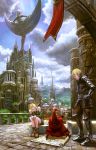  back banner blonde_hair bow_(weapon) castle cloud clouds fantasy hat map mountain noba pixiv_fantasia pixiv_fantasia_sword_regalia scenery sitting sky statues sword tree weapon witch_hat 