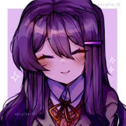  1girl ^_^ ahrycha blush closed_eyes closed_mouth collared_shirt doki_doki_literature_club hair_between_eyes hair_ornament hairclip highres long_hair long_sleeves neck_ribbon purple_hair red_ribbon ribbon school_uniform shirt simple_background smile solo striped_blush twitter_username upper_body white_shirt yuri_(doki_doki_literature_club) 