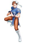  boots bracelet brown_hair brown_legwear bun_cover china_dress chinese_clothes chun-li earrings highres jewelry mochizuki-m pantyhose simple_background spiked_bracelet spikes street_fighter 