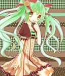  bad_id bow dress finger_to_mouth green_eyes green_hair hair_bow hatsune_miku long_hair mogu_(lollysweet) sitting solo twintails vocaloid 