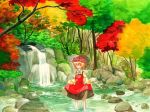 aki_minoriko autumn forest nature shirodama skirt_hold solo touhou traditional_media wading water waterfall 