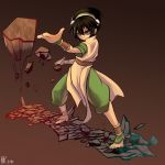  ankle_cuffs avatar:_the_last_airbender barefoot black_hair chinese_clothes element_bending grey_eyes hair_bun highres jewelry mugcan rock short_hair solo toph_bei_fong white_eyes 