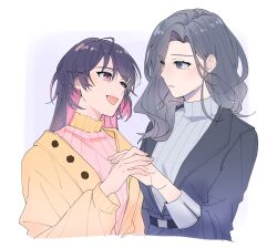  2girls belt belt_buckle black_belt blue_eyes blue_hair breasts buckle colored_inner_hair commentary_request cropped_torso curtained_hair eyes_visible_through_hair fingernails frilled_shirt_collar frills hair_ornament hair_over_shoulder hairclip hand_up highres korean_commentary layered_clothes long_hair long_sleeves looking_at_another love_curse:_find_your_soulmate memojjang0123 mole mole_under_eye multicolored_hair multiple_girls open_mouth pink_eyes pink_hair purple_hair selene_yan short_side_ponytail side_ponytail turtleneck victoria_qi 
