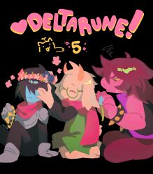  1boy 1girl 1other animal_ears annoying_dog black_hair blue_skin bracelet colored_skin commentary copyright_name deltarune english_commentary flower furry furry_female furry_male goat_boy goat_ears goat_horns head_wreath highres horns jewelry kris_(dark_world)_(deltarune) kris_(deltarune) mararu pink_flower pink_horns pink_scarf purple_hair purple_skin ralsei scarf spiked_bracelet spikes susie_(dark_world)_(deltarune) susie_(deltarune) utdr_(toby_fox) 
