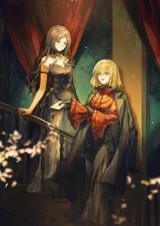  2girls absurdres alternate_costume artist_request bang_dream! bang_dream!_it's_mygo!!!!! black_coat black_dress black_skirt blonde_hair blue_eyes brown_hair chinese_commentary closed_mouth coat coat_on_shoulders commentary_request commission curtains detached_collar dress full_body highres indoors long_hair long_sleeves looking_at_another misumi_uika multiple_girls nagasaki_soyo neck_ribbon railing red_ribbon red_shirt ribbon second-party_source shirt short_hair sidelocks skirt smile stairs standing 