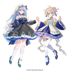  ahoge amagai_ruka appare_hinata aqua_eyes aqua_hair bare_shoulders black_choker blue_eyes blue_hair blue_shoes braid choker commentary_request detached_sleeves dress full_body grey_hair hair_ornament hairclip hand_up hands_up high_heels highres holding holding_hands kneehighs kobuta long_hair long_sleeves looking_at_viewer multicolored_hair official_art parted_lips sample_watermark shoes short_hair simple_background socks standing streaked_hair thigh-highs veil virtual_youtuber watermark weather_planet white_background white_socks white_thighhighs 