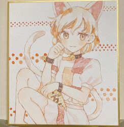  1girl animal_ears bell blush calico_(pattern) cat_ears cat_girl cat_tail coin commentary_request gold goutokuji_mike highres jingle_bell koban_(gold) looking_at_viewer mozukuzu_(manukedori) multicolored_hair multicolored_shirt multicolored_tail neck_bell patchwork_clothes paw_pose photo_(medium) puffy_short_sleeves puffy_sleeves shikishi shirt short_sleeves skirt smile solo streaked_hair tail touhou traditional_media white_shirt white_skirt 