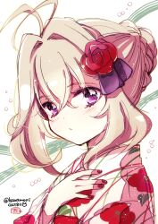  1girl blush closed_mouth commentary_request floral_print flower hair_flower hair_ornament hanamoricat82 highres japanese_clothes kimono long_hair looking_at_viewer meitantei_precure! moria_luluka nail_polish precure print_kimono red_flower red_nails solo violet_eyes white_kimono 