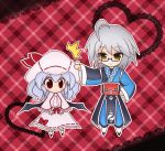  1boy 1girl :&lt; ahoge ascot bat_wings blush blush_stickers chibi dress glasses hand_on_head hat ko_torii lavender_hair long_sleeves morichika_rinnosuke petting pink_dress pouch red_eyes remilia_scarlet short_hair silver_hair smile touhou vampire wings yellow_eyes 