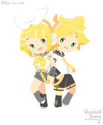  1boy 1girl back-to-back bare_shoulders black_sailor_collar black_shorts blonde_hair bon_bon_eee bow bow_hairband brother_and_sister chibi chibi_only commentary copyright_name detached_sleeves english_commentary full_body green_eyes hair_ornament hairband hairclip headset highres kagamine_len kagamine_rin looking_at_viewer midriff neckerchief necktie number_tattoo open_mouth parallel_hairclips sailor_collar shirt short_hair shorts shoulder_tattoo siblings simple_background sleeveless sleeveless_shirt tattoo twitter_username vocaloid white_background white_bow white_hairband white_shirt yellow_neckerchief yellow_necktie 