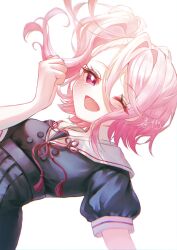  1girl absurdres blush commentary_request harumachi_kanata highres looking_at_viewer mahou_shoujo_no_inshuu_mura one_eye_closed open_mouth pink_hair red_eyes sailor_collar school_uniform short_hair smile sumigaki_itori tassel white_background 