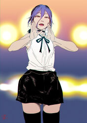  1girl absurdres bare_arms bare_shoulders black_choker black_ribbon black_shorts black_thighhighs blurry blurry_background chainsaw_man choker commentary_request cowboy_shot flat_chest green_eyes hair_between_eyes hand_to_own_mouth highres kishizuka_kenji medium_hair neck_ribbon open_mouth pink_lips purple_hair reze_(chainsaw_man) ribbon shirt shirt_tucked_in shorts signature sleeveless sleeveless_shirt solo thigh-highs white_shirt 
